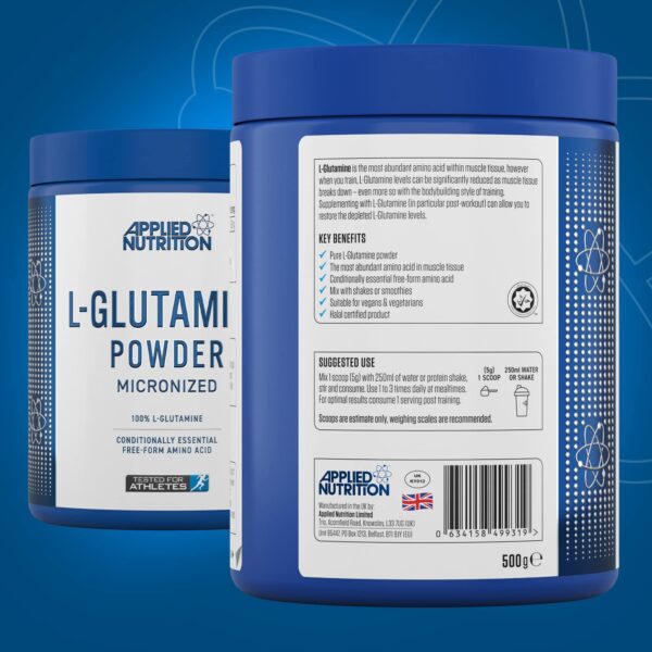 815e5rUjdJL "Applied Nutrition L-Glutamine Nutrition Facts – Contains pure micronized L-Glutamine for muscle recovery, hydration, and endurance."