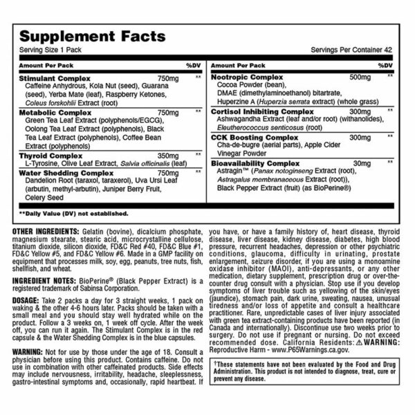 "Animal Cuts Nutrition Facts – Multi-phase fat-burning system with thermogenic, metabolic, diuretic, and nootropic support for weight management."