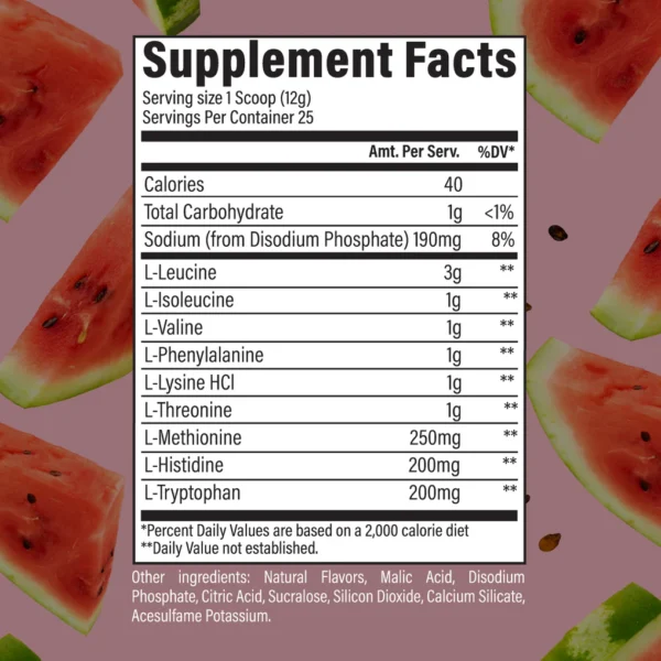 RAW EAA Nutrition Facts – Contains EAAs, electrolytes, and hydration boosters for muscle recovery, hydration, and endurance.
