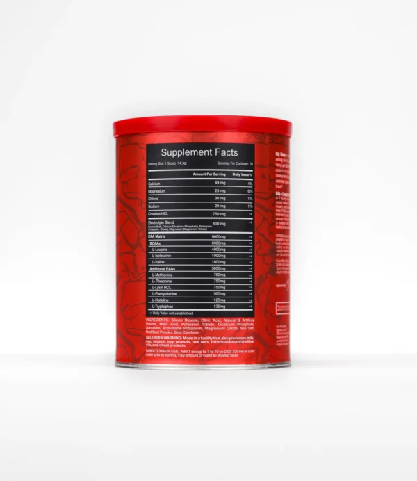 "Big Ramy Labs Red Rex Nutrition Facts – Contains EAAs, Creatine HCL, and electrolytes for muscle recovery, hydration, and strength enhancement."