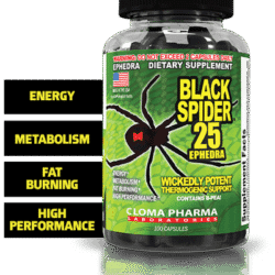 "Black Spider Fat Burner by Cloma Pharma – 100 Capsules Bottle. High-stimulant thermogenic formula with ephedra extract for fat loss, metabolism boost, and extreme energy. Made in USA."