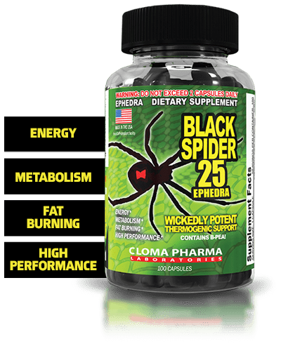 "Black Spider Fat Burner by Cloma Pharma – 100 Capsules Bottle. High-stimulant thermogenic formula with ephedra extract for fat loss, metabolism boost, and extreme energy. Made in USA."