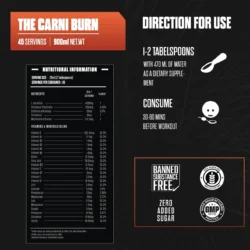 "Exalt The Carni Burn Nutrition Facts – 4200mg L-Carnitine per serving, sugar-free, stimulant-free, and calorie-free formula for fat loss and energy boost."