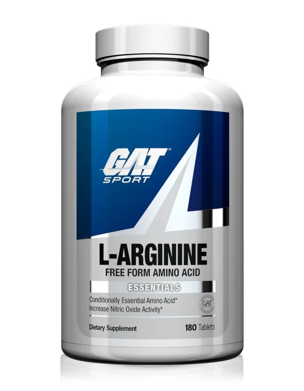 "GAT L-Arginine Free Form Amino Acid – 180 Tablets Bottle. Supports muscle pump, nitric oxide production, endurance, and recovery. Made in USA."