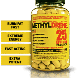 "Cloma Pharma Methyldrene 25 Fat Burner – 100 Capsules Bottle. High-stimulant thermogenic formula with ephedra extract for fat loss, metabolism boost, and extreme energy. Made in USA."