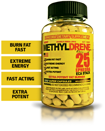 "Cloma Pharma Methyldrene 25 Fat Burner – 100 Capsules Bottle. High-stimulant thermogenic formula with ephedra extract for fat loss, metabolism boost, and extreme energy. Made in USA."