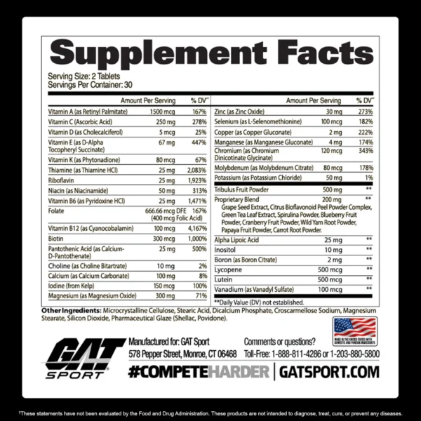 5c8a2d83725e--MENS-MULTI-60CT-GAT-Infograph-SFP-91c816 Gat Sport Mens Multi+Test Vitamin bottle showing label and ingredients