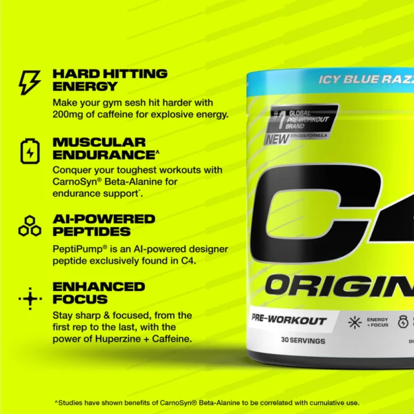 Cellucor C4 Original Pre-Workout scoop and powder view – 30 Servings