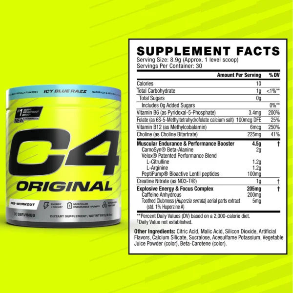 Cellucor C4 Original Pre-Workout Nutrition Facts label – 30 Servings